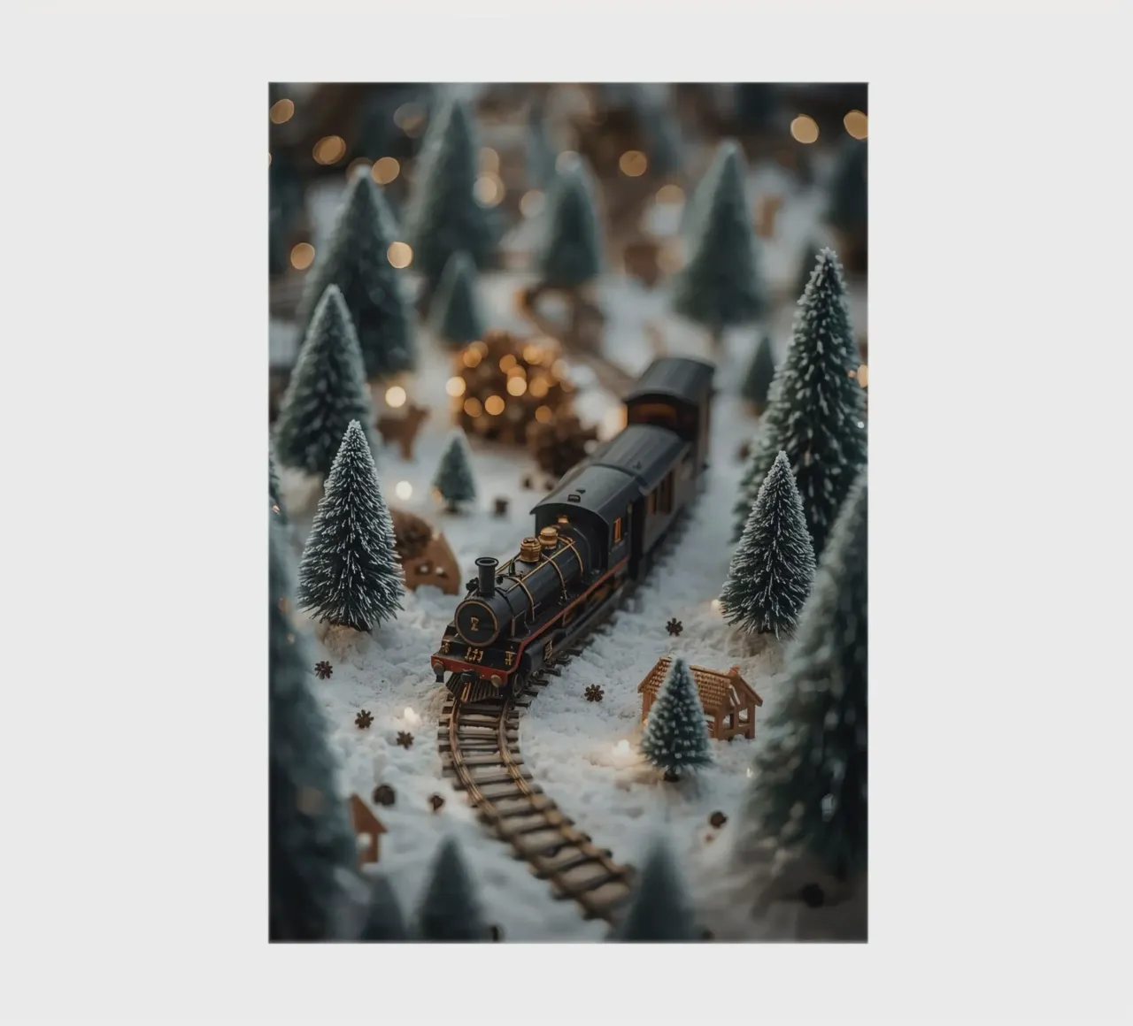 Treno in miniatura in un paesaggio innevato con alberi e luci diario da DesignDoodle