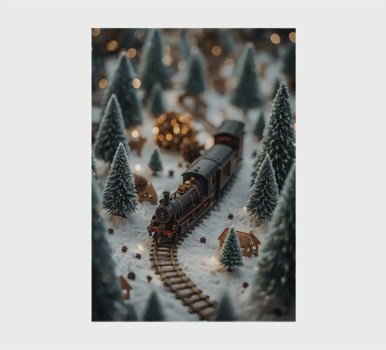 Treno in miniatura in un paesaggio innevato con alberi e luci diario da DesignDoodle