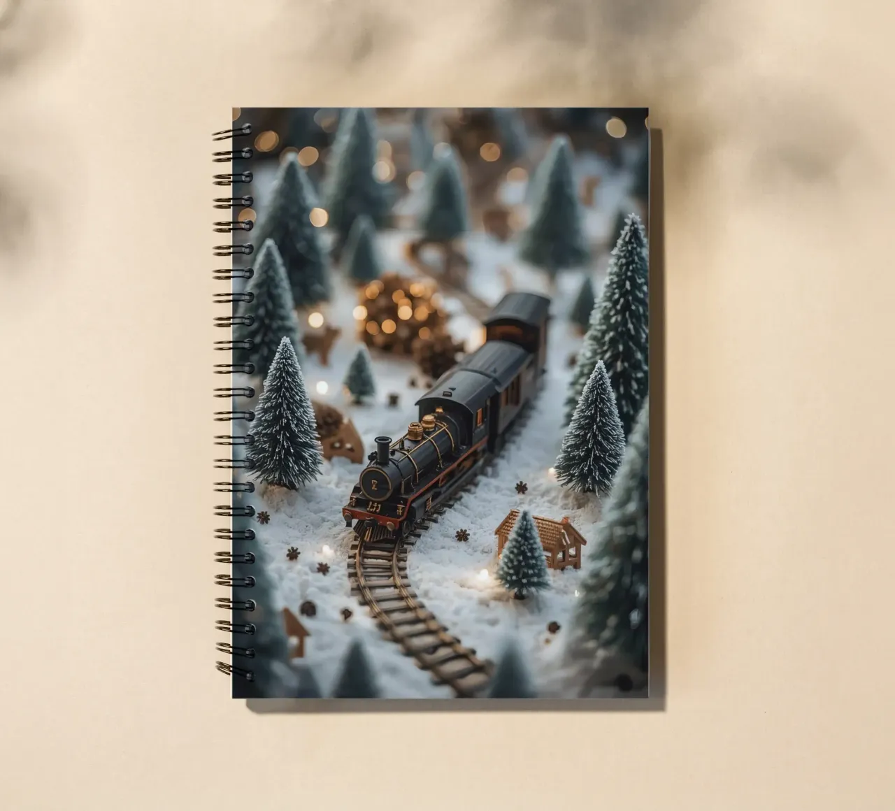 Miniature Train in Snowy Landscape with Trees and Lights spiral notebook by DesignDoodle