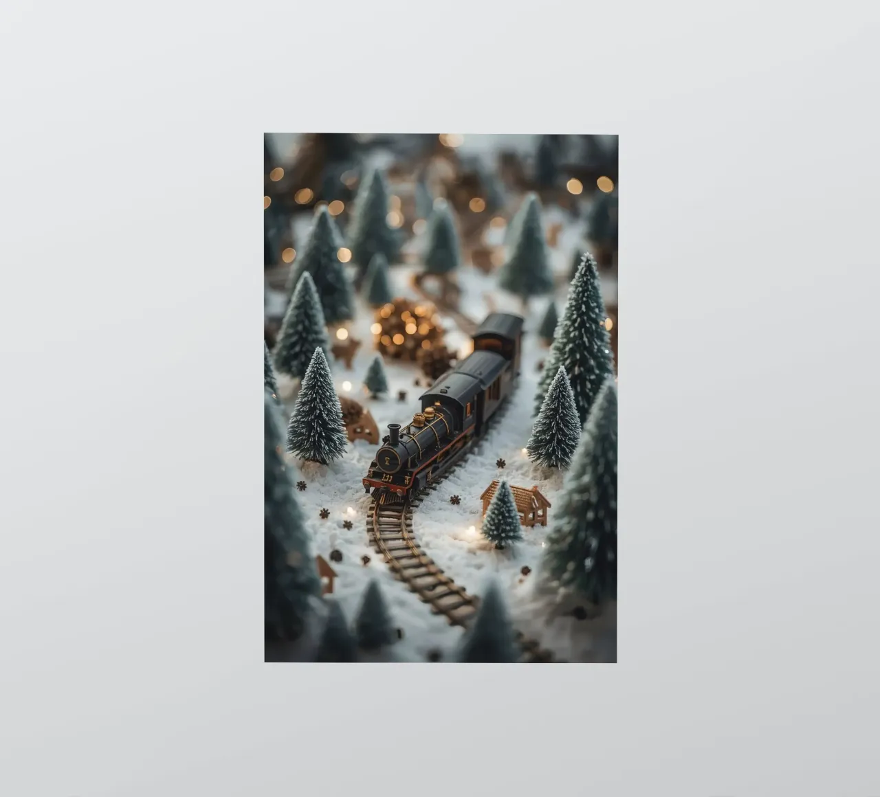 Treno in miniatura in un paesaggio innevato con alberi e luci adesivo da DesignDoodle