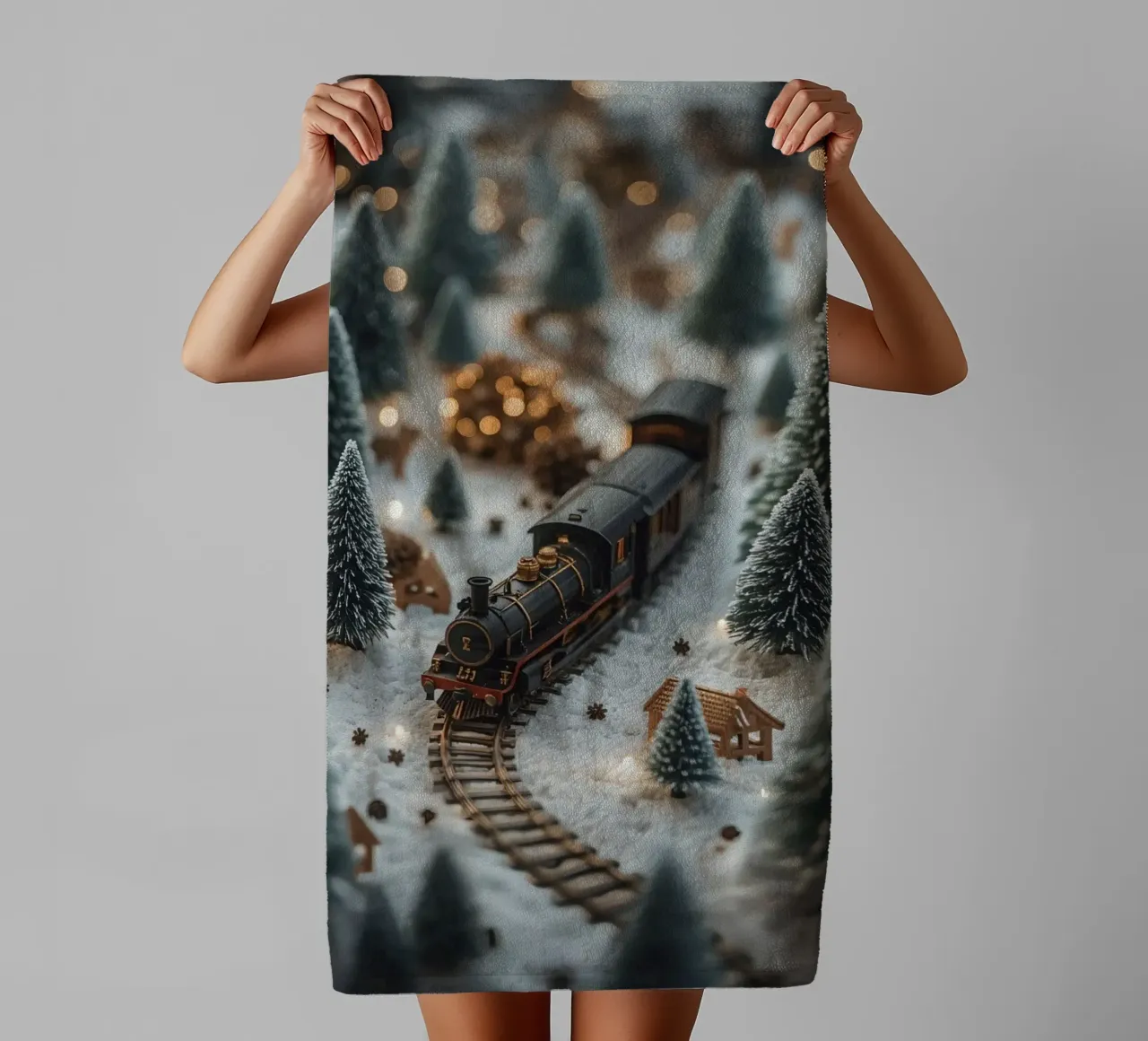Miniature Train in Snowy Landscape with Trees and Lights towel by DesignDoodle