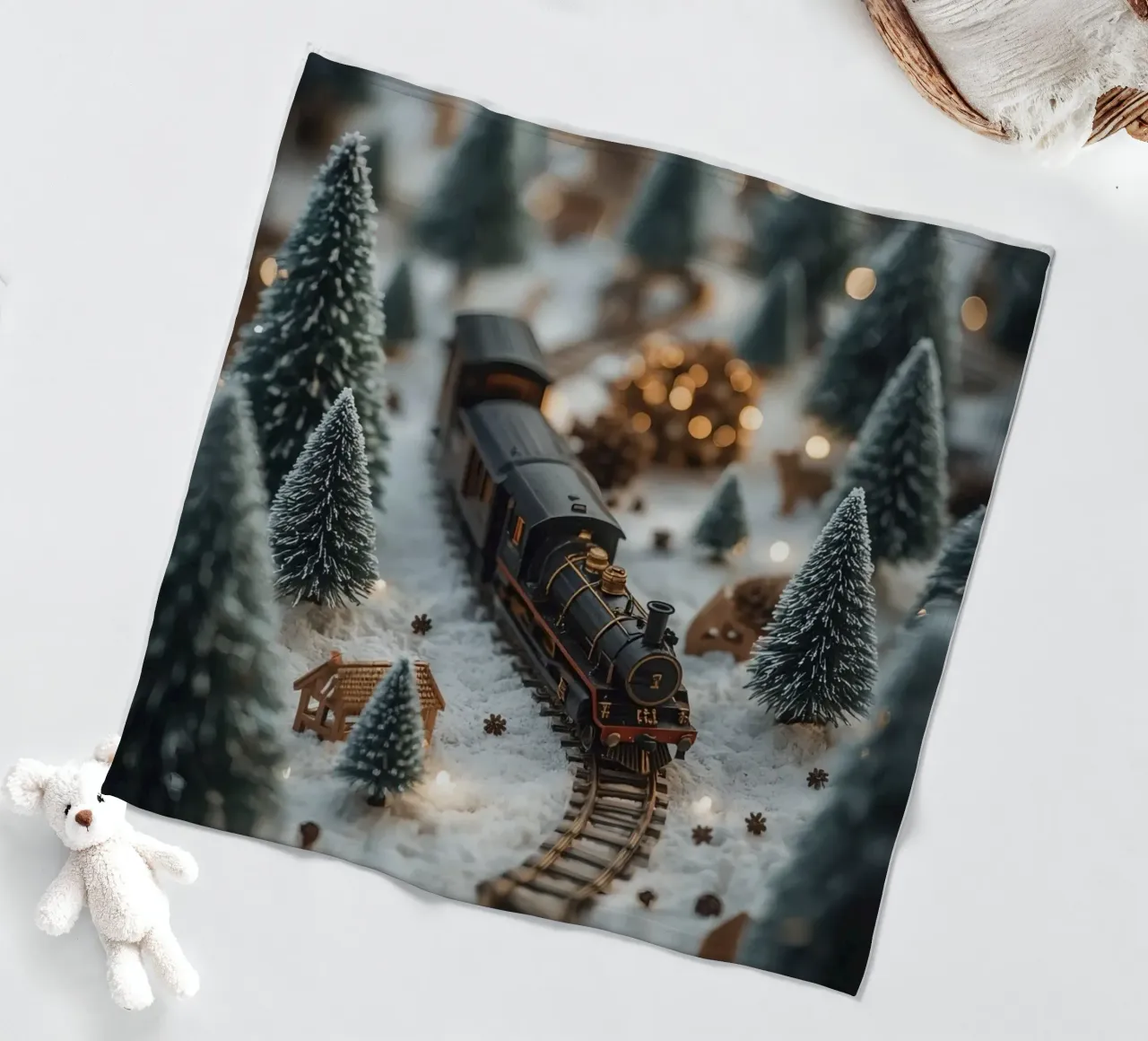 Treno in miniatura in un paesaggio innevato con alberi e luci coperta in pile da DesignDoodle