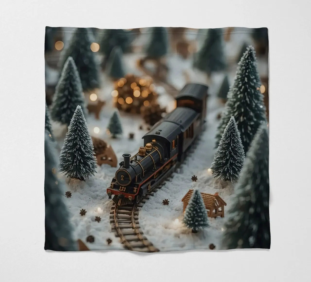 Treno in miniatura in un paesaggio innevato con alberi e luci coperta in pile da DesignDoodle