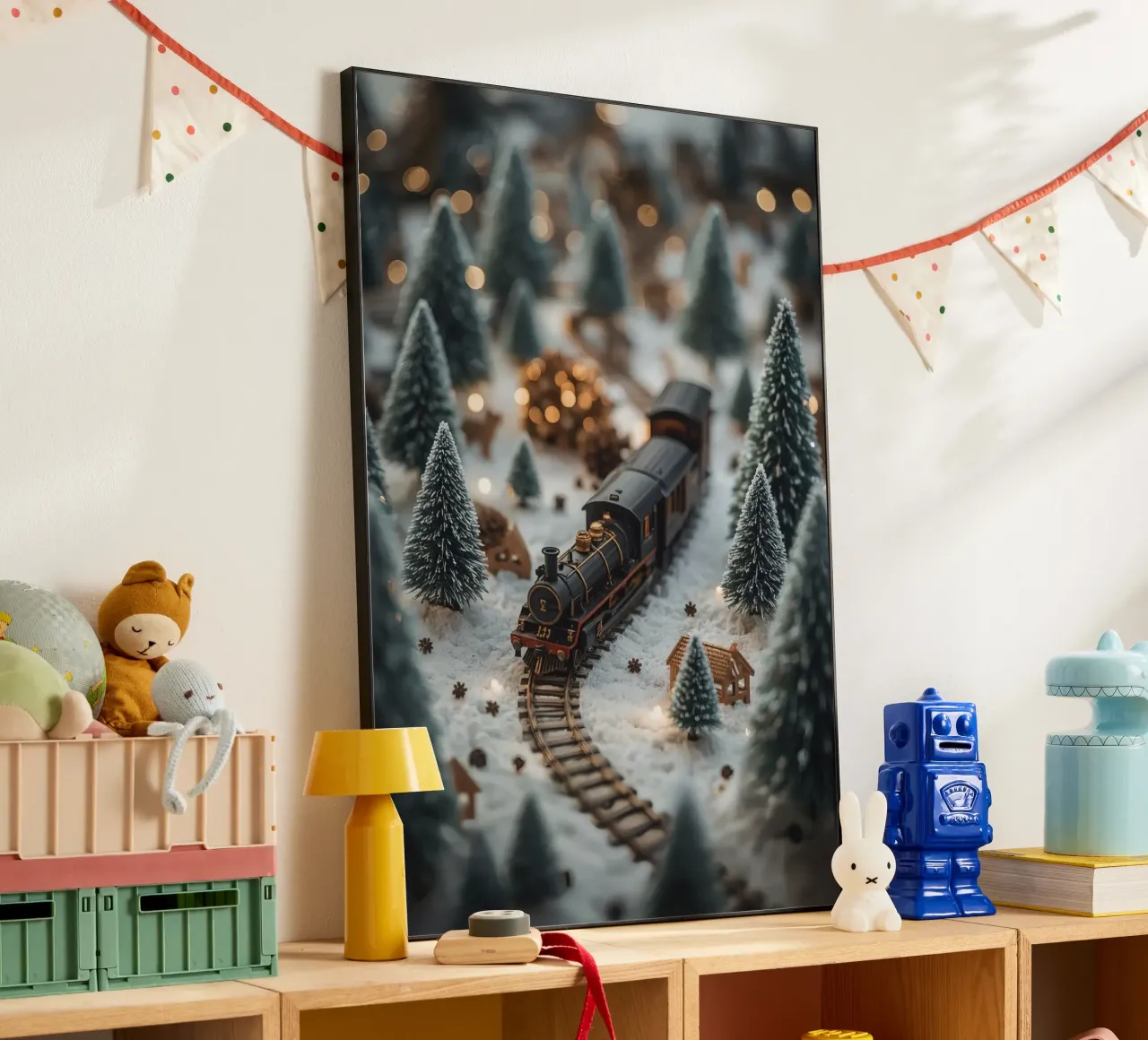 Treno in miniatura in un paesaggio innevato con alberi e luci pannello forex da DesignDoodle