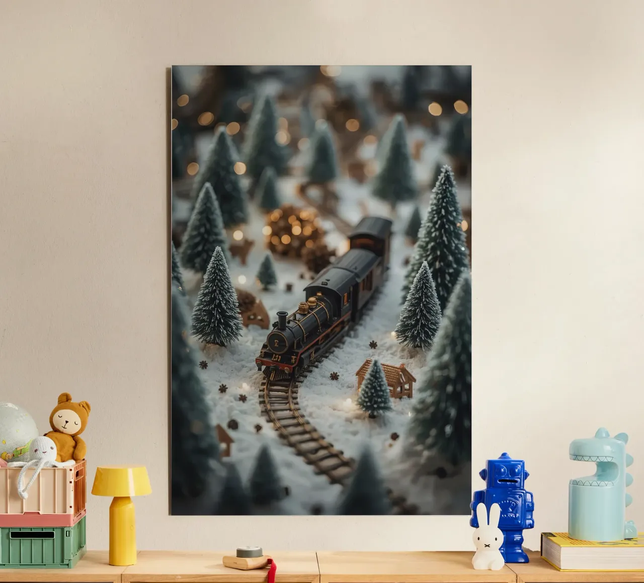 Treno in miniatura in un paesaggio innevato con alberi e luci pannello forex da DesignDoodle