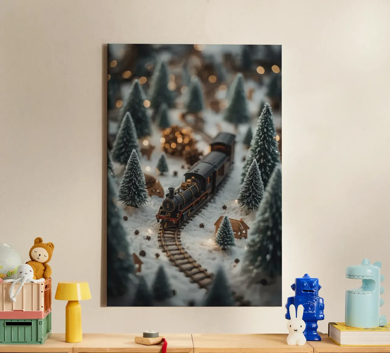Treno in miniatura in un paesaggio innevato con alberi e luci tela da DesignDoodle