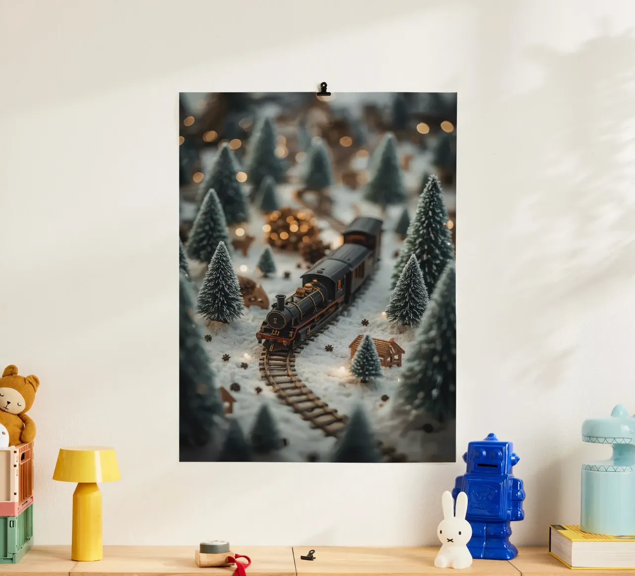 Treno in miniatura in un paesaggio innevato con alberi e luci carta hahnemühle da DesignDoodle