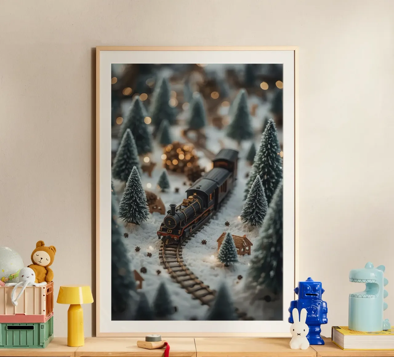 Treno in miniatura in un paesaggio innevato con alberi e luci carta hahnemühle da DesignDoodle