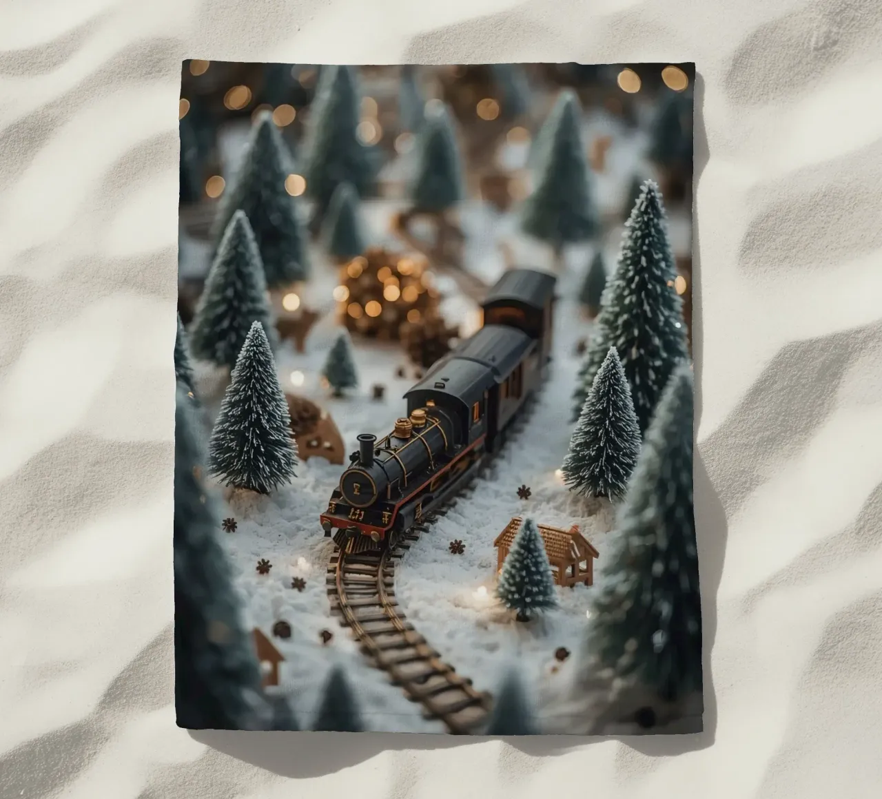 Treno in miniatura in un paesaggio innevato con alberi e luci telo mare da DesignDoodle
