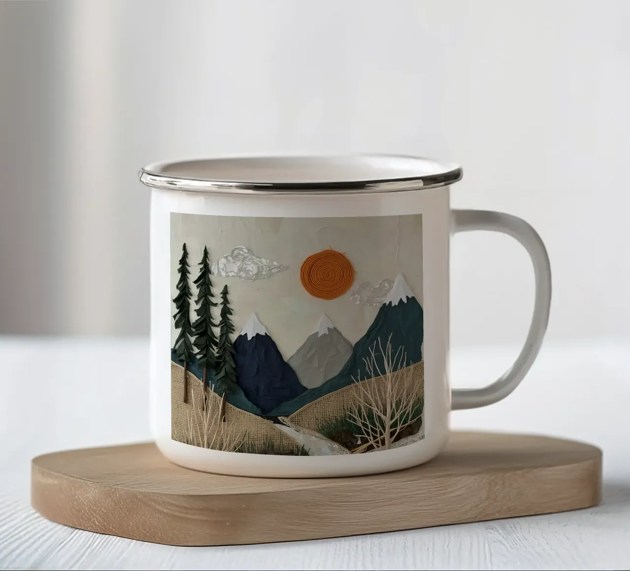 Collage di paesaggi in tessuto a tecnica mista tazza in smalto da DesignDoodle