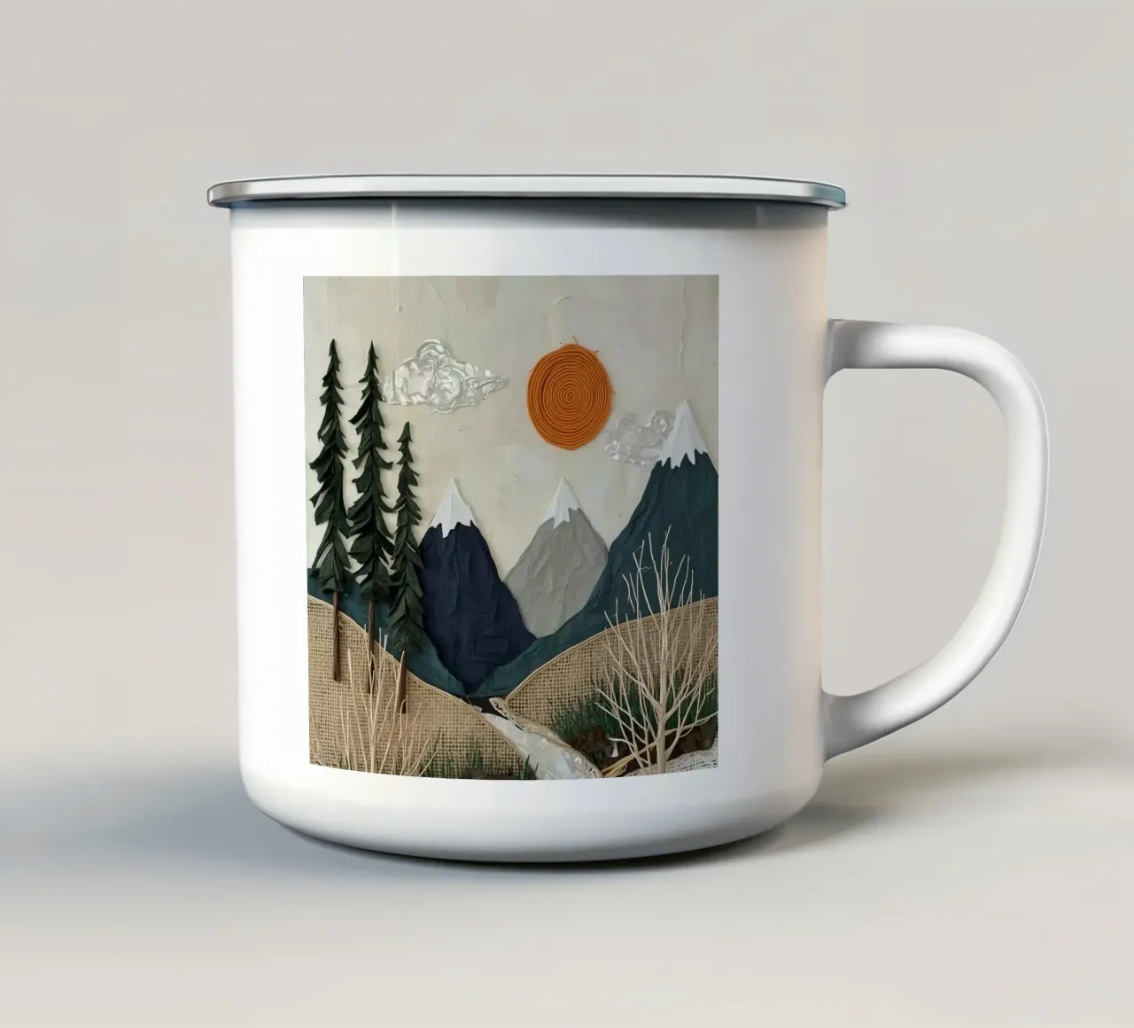 Collage di paesaggi in tessuto a tecnica mista tazza in smalto da DesignDoodle