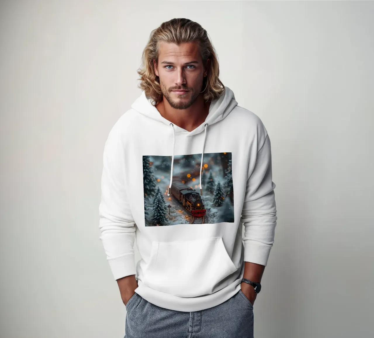 Modello di treno a vapore nella foresta invernale con luci bokeh felpa con cappuccio da DesignDoodle