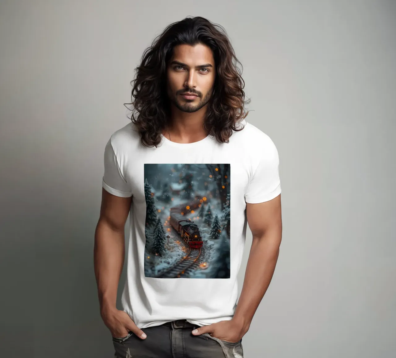Modello di treno a vapore nella foresta invernale con luci bokeh t-shirt da DesignDoodle