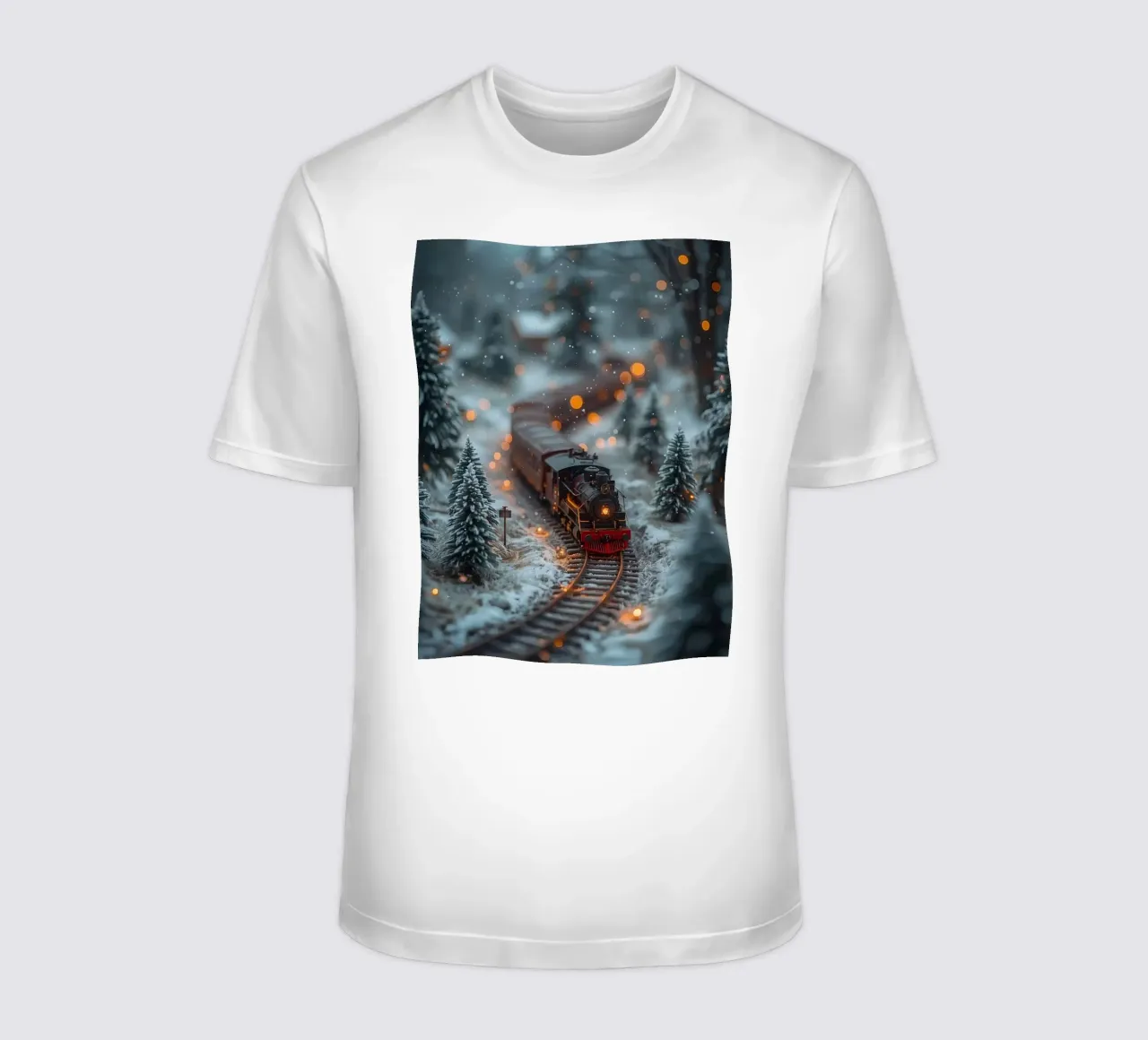 Modello di treno a vapore nella foresta invernale con luci bokeh t-shirt da DesignDoodle