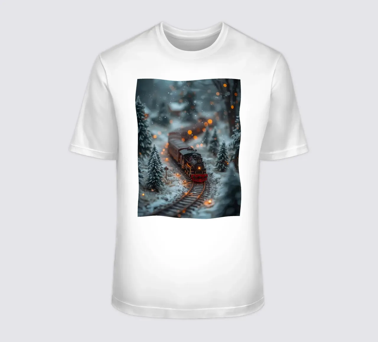 Modello di treno a vapore nella foresta invernale con luci bokeh t-shirt da DesignDoodle