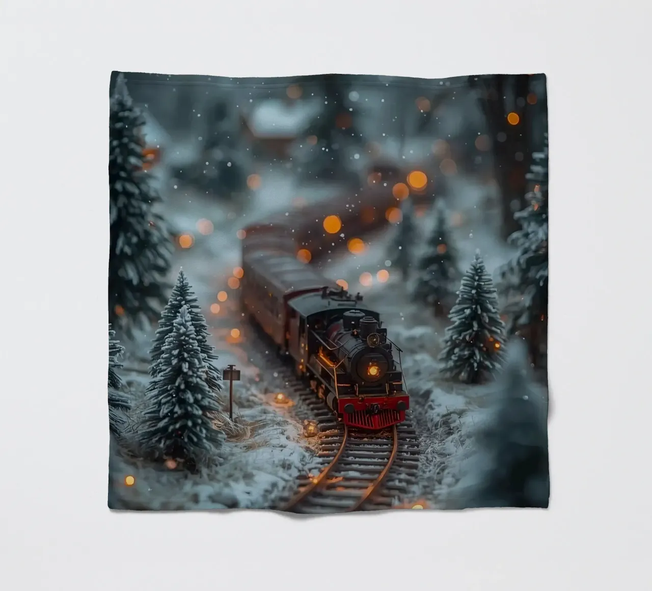 Train à vapeur miniature dans une forêt d'hiver avec des lumières bokeh plaid polaire de DesignDoodle