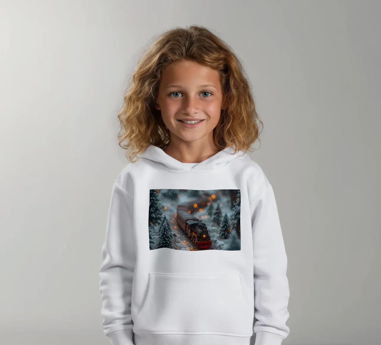 Modello di treno a vapore nella foresta invernale con luci bokeh felpa bambino con cappuccio da DesignDoodle