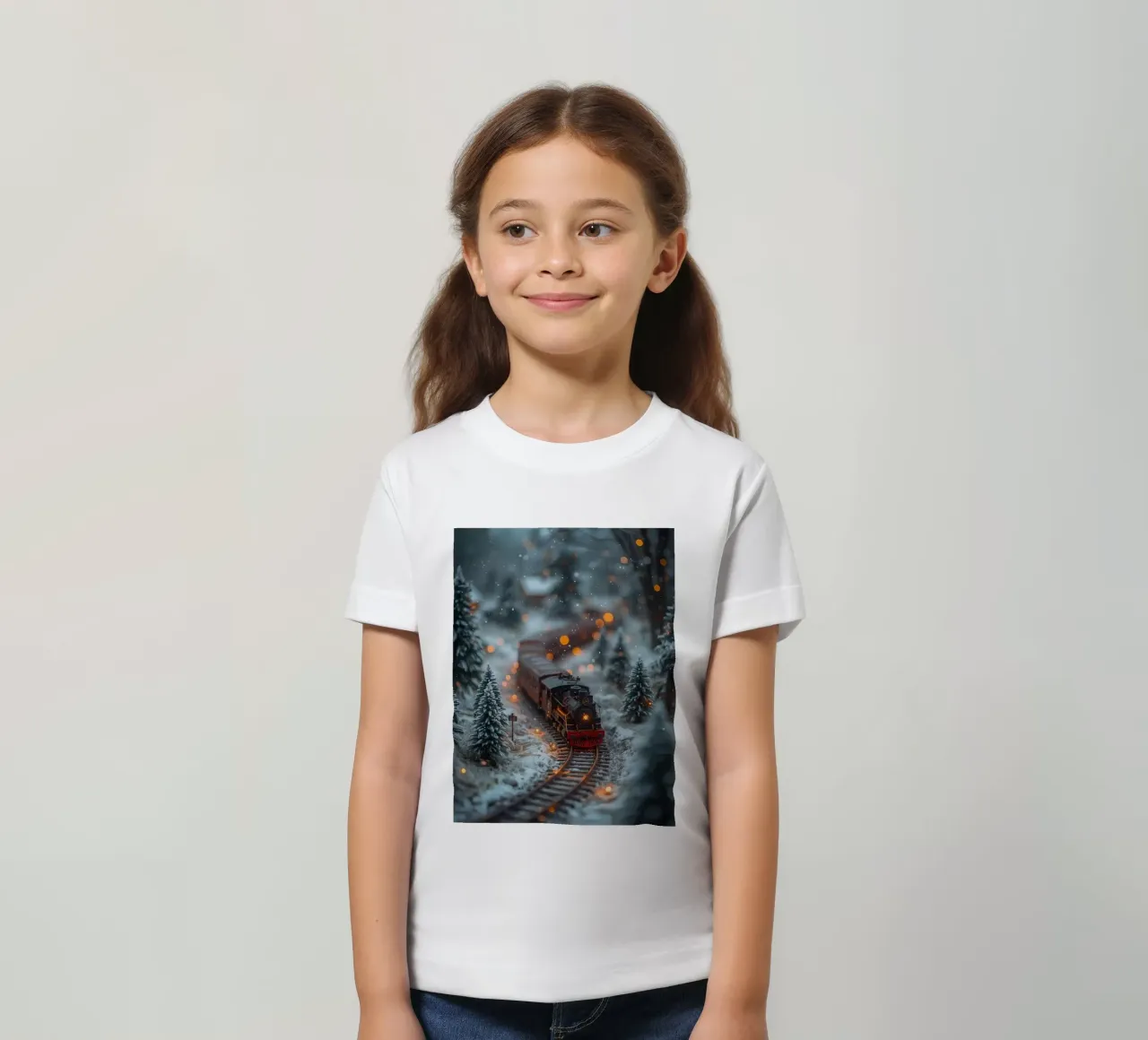 Modello di treno a vapore nella foresta invernale con luci bokeh t-shirt bambini da DesignDoodle