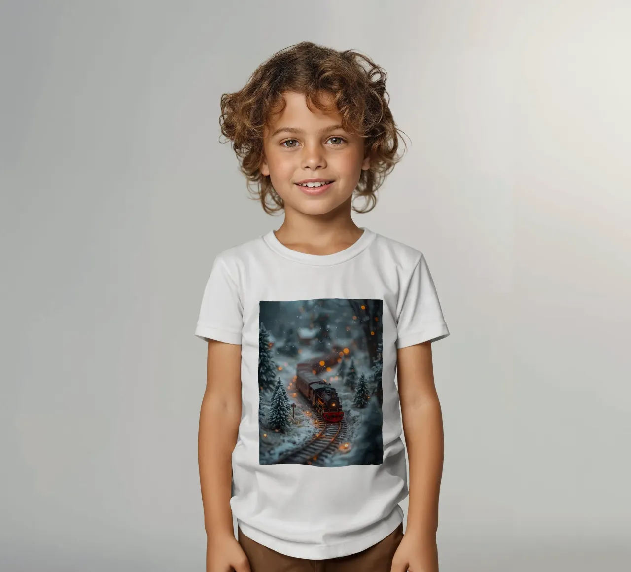 Modello di treno a vapore nella foresta invernale con luci bokeh t-shirt bambini da DesignDoodle
