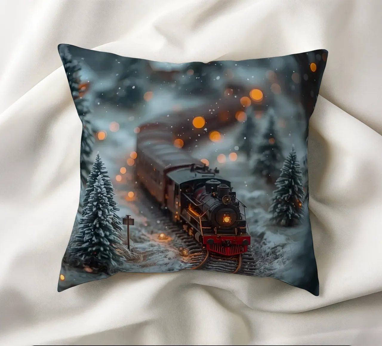 Modello di treno a vapore nella foresta invernale con luci bokeh cuscino da DesignDoodle