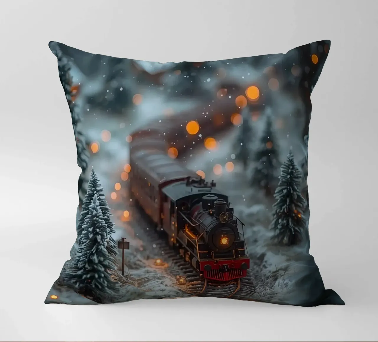 Modello di treno a vapore nella foresta invernale con luci bokeh cuscino da DesignDoodle