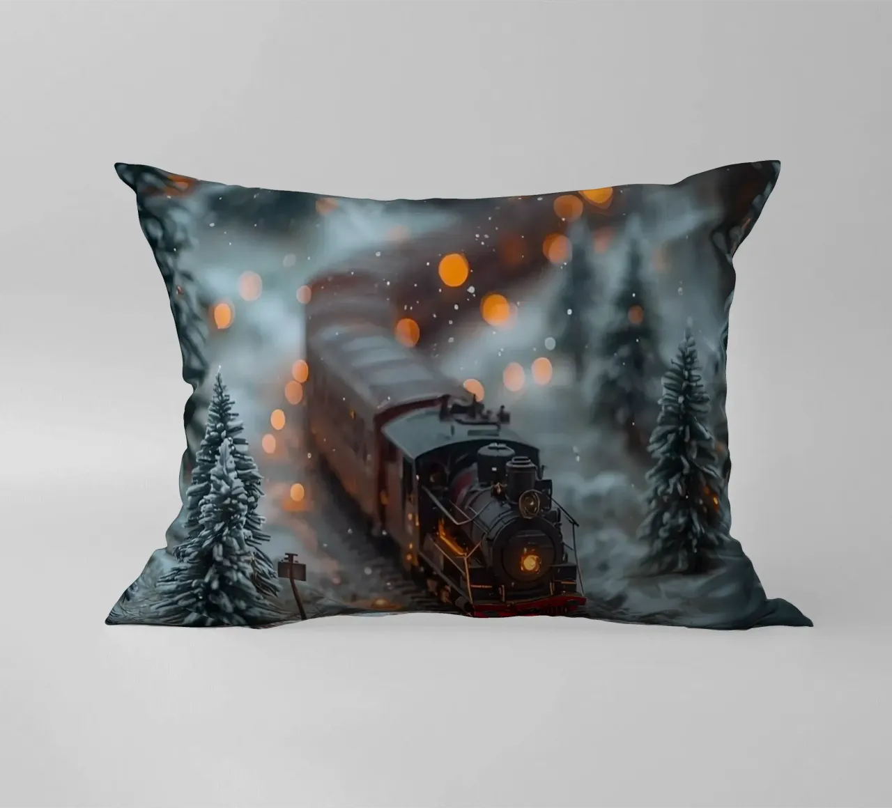 Modello di treno a vapore nella foresta invernale con luci bokeh cuscino da DesignDoodle