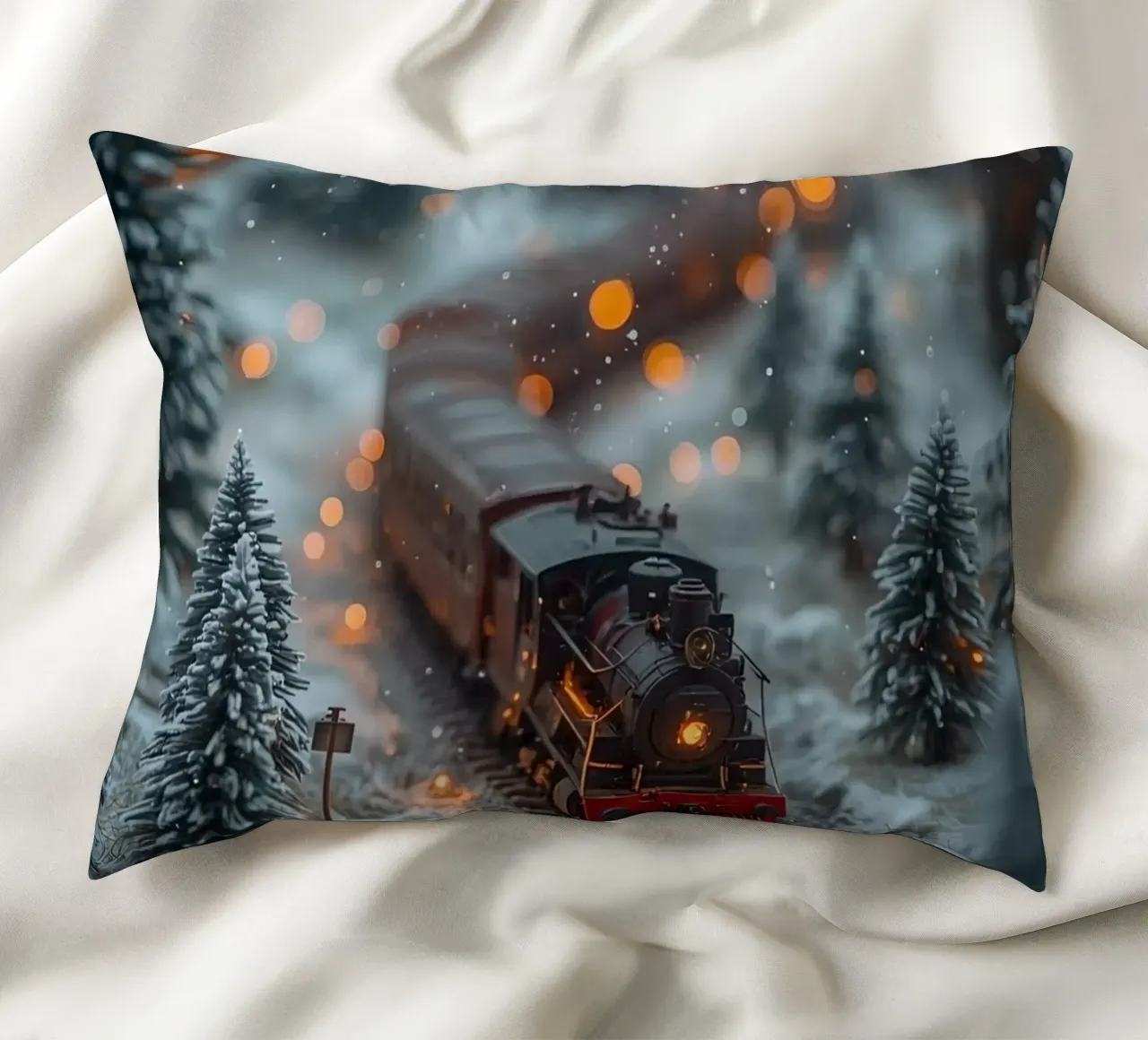 Modello di treno a vapore nella foresta invernale con luci bokeh cuscino da DesignDoodle