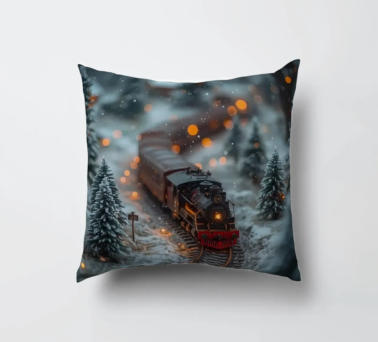 Modello di treno a vapore nella foresta invernale con luci bokeh cuscino da DesignDoodle