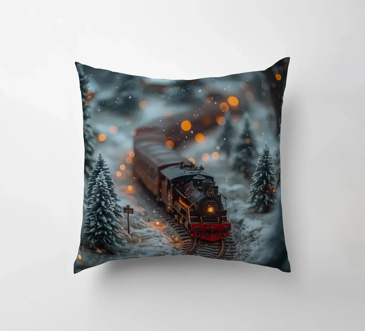 Modello di treno a vapore nella foresta invernale con luci bokeh cuscino da DesignDoodle