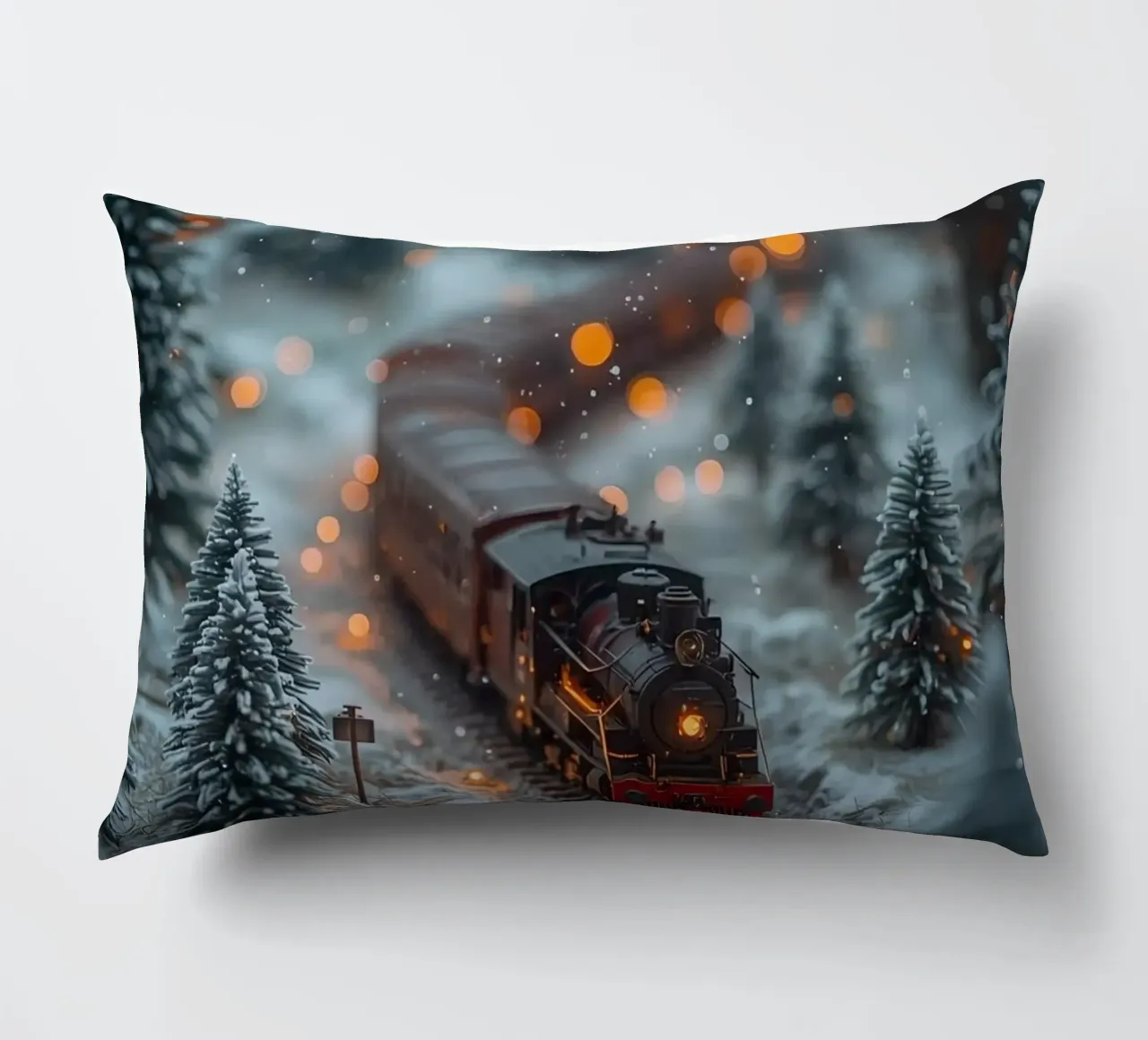 Modello di treno a vapore nella foresta invernale con luci bokeh cuscino da DesignDoodle