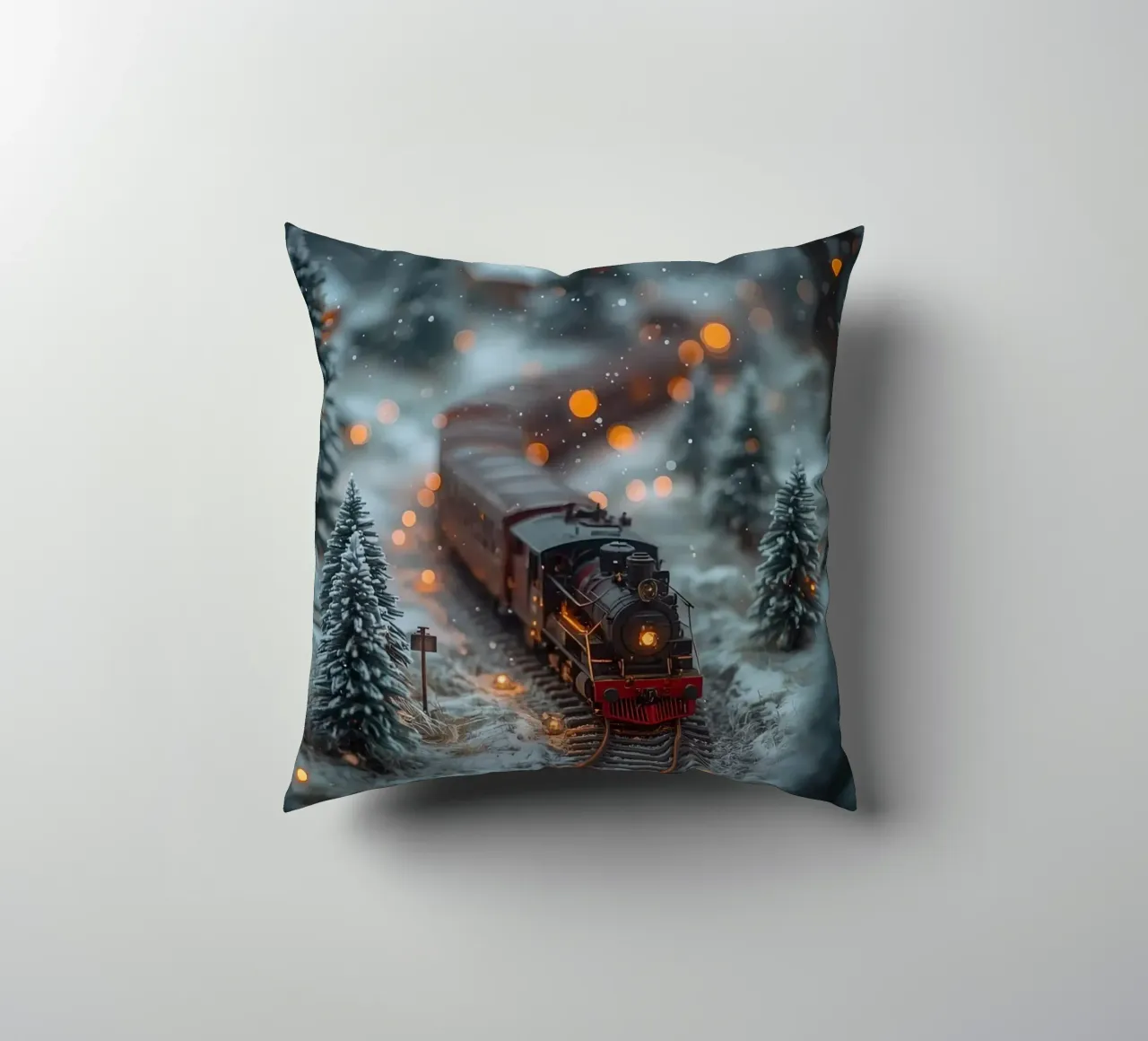 Modello di treno a vapore nella foresta invernale con luci bokeh cuscino da DesignDoodle