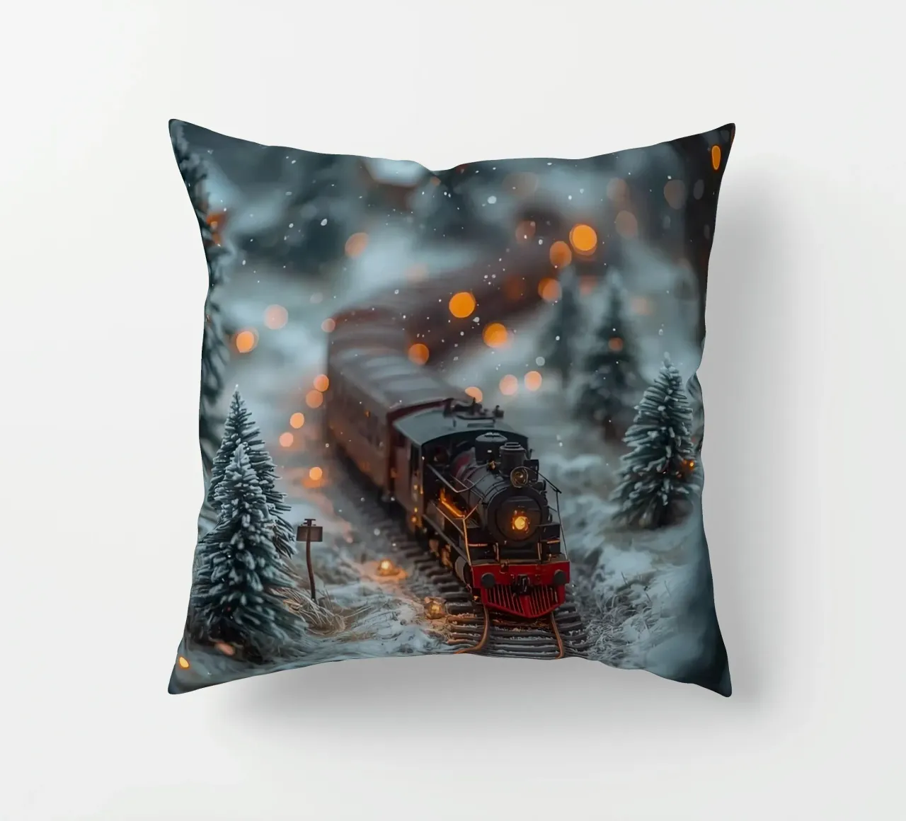Modello di treno a vapore nella foresta invernale con luci bokeh cuscino da DesignDoodle