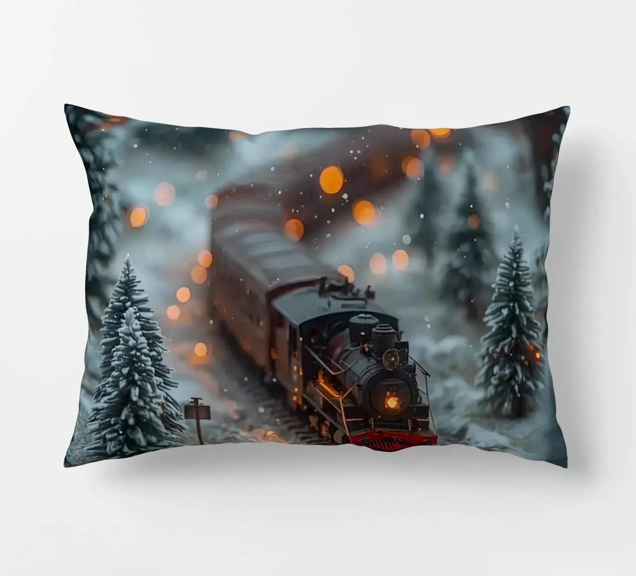 Modello di treno a vapore nella foresta invernale con luci bokeh cuscino da DesignDoodle