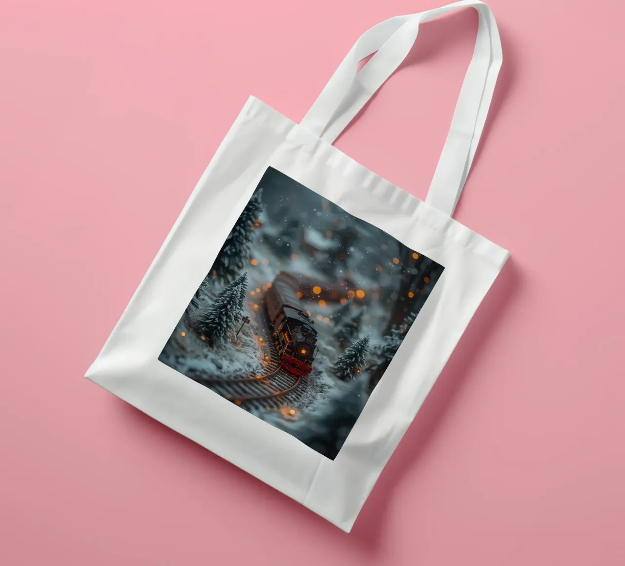 Modello di treno a vapore nella foresta invernale con luci bokeh borsa in juta da DesignDoodle