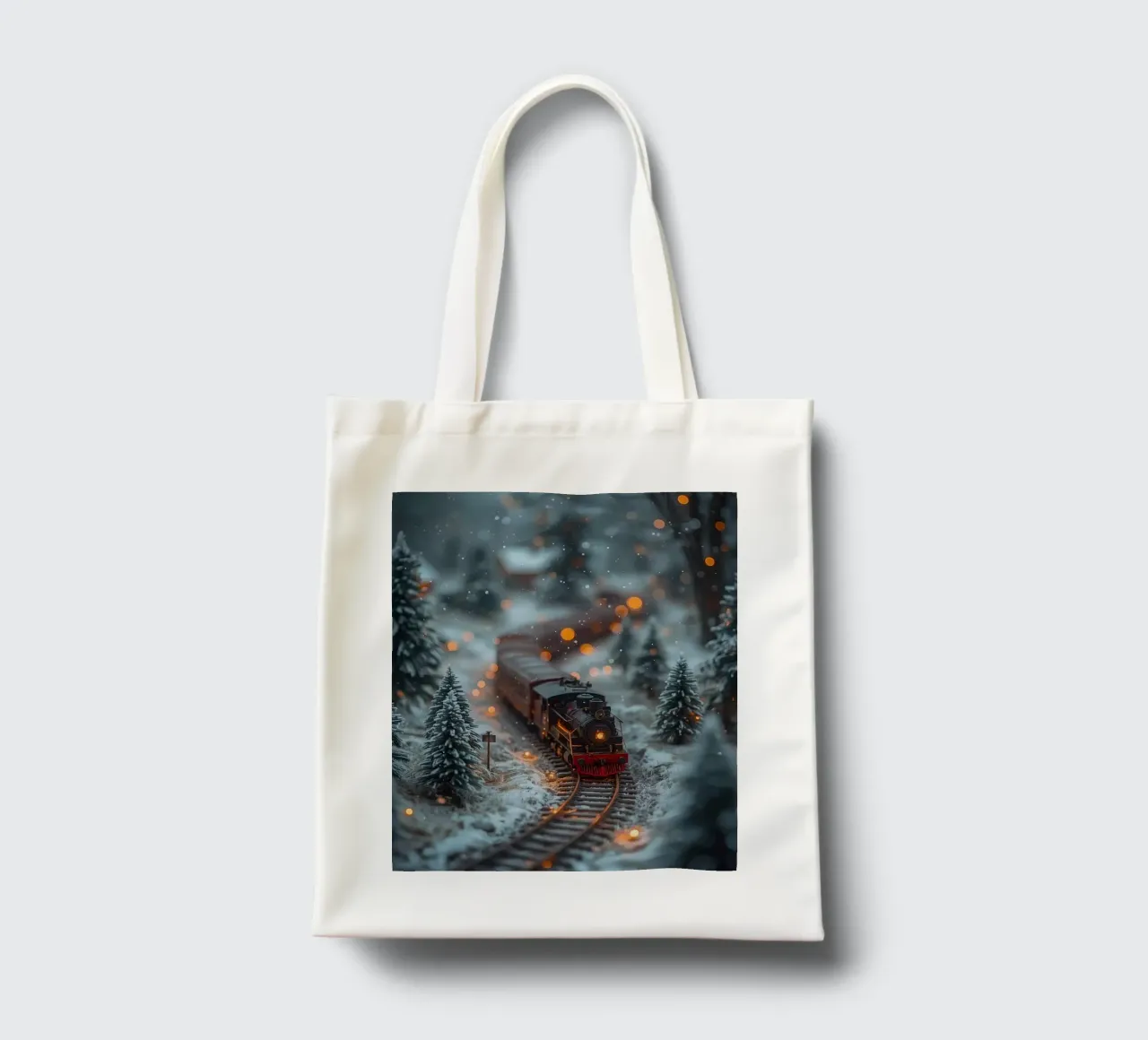 Modello di treno a vapore nella foresta invernale con luci bokeh borsa in juta da DesignDoodle