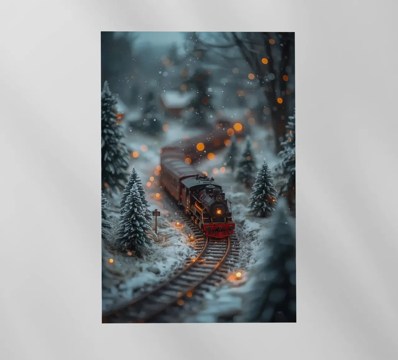 Modello di treno a vapore nella foresta invernale con luci bokeh pellicola backlit da DesignDoodle