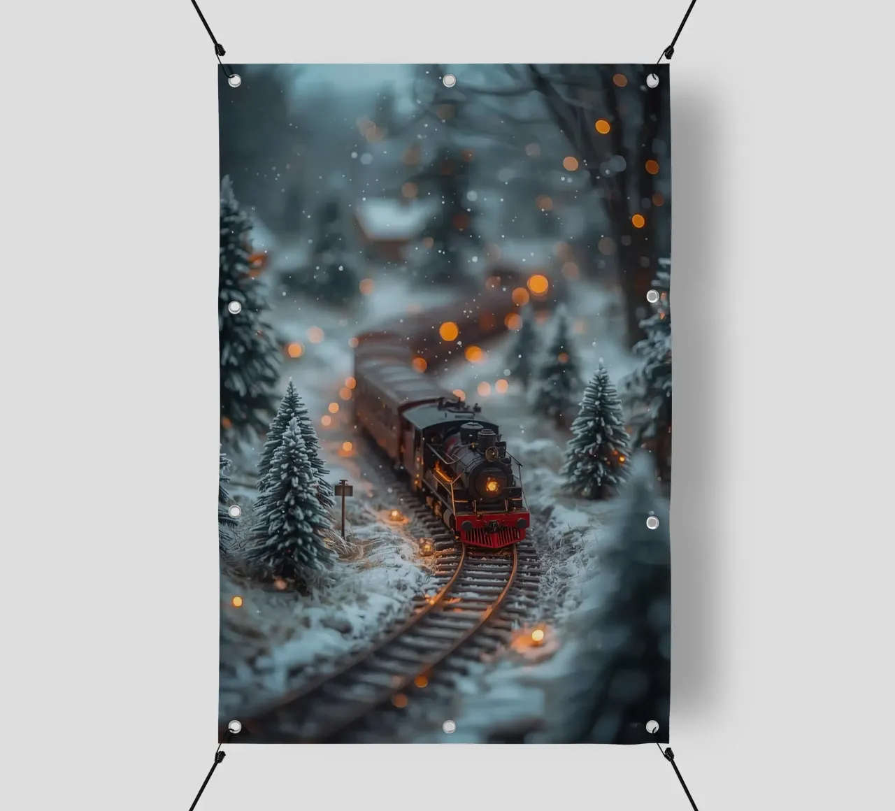 Train à vapeur miniature dans une forêt d'hiver avec des lumières bokeh bâche pvc de DesignDoodle