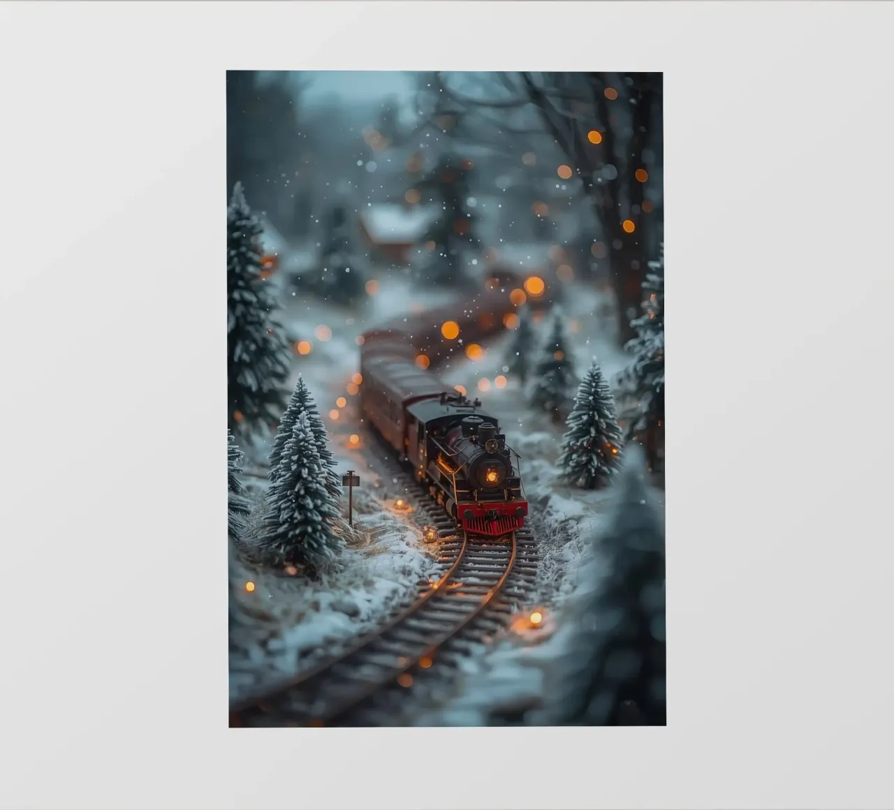 Train à vapeur miniature dans une forêt d'hiver avec des lumières bokeh bâche pvc de DesignDoodle