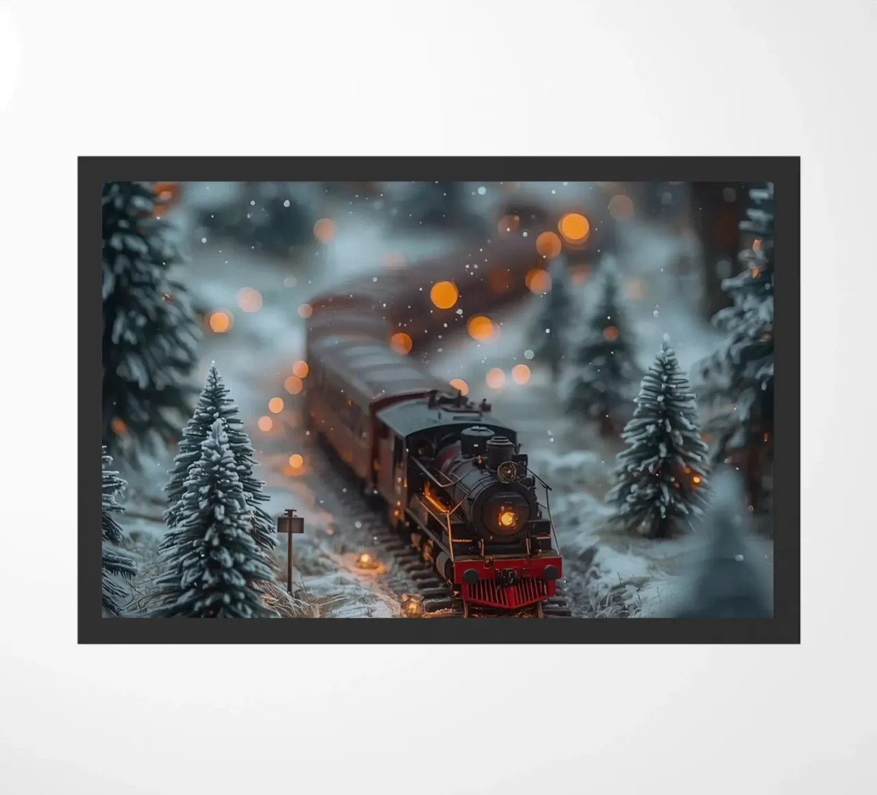 Train à vapeur miniature dans une forêt d'hiver avec des lumières bokeh paillasson de DesignDoodle