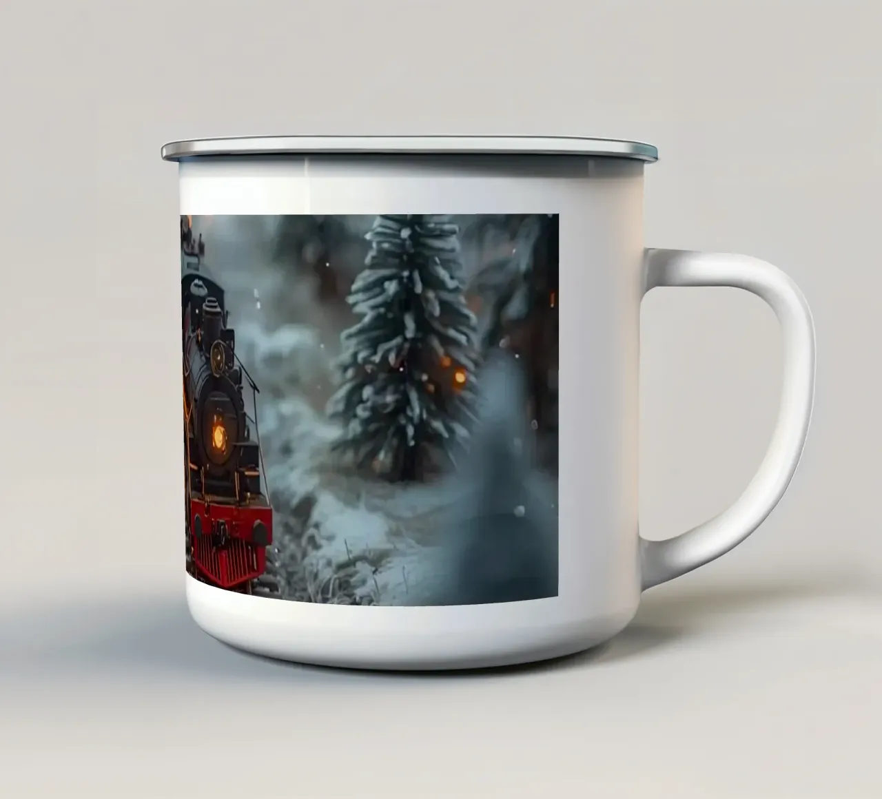 Modello di treno a vapore nella foresta invernale con luci bokeh tazza in smalto da DesignDoodle