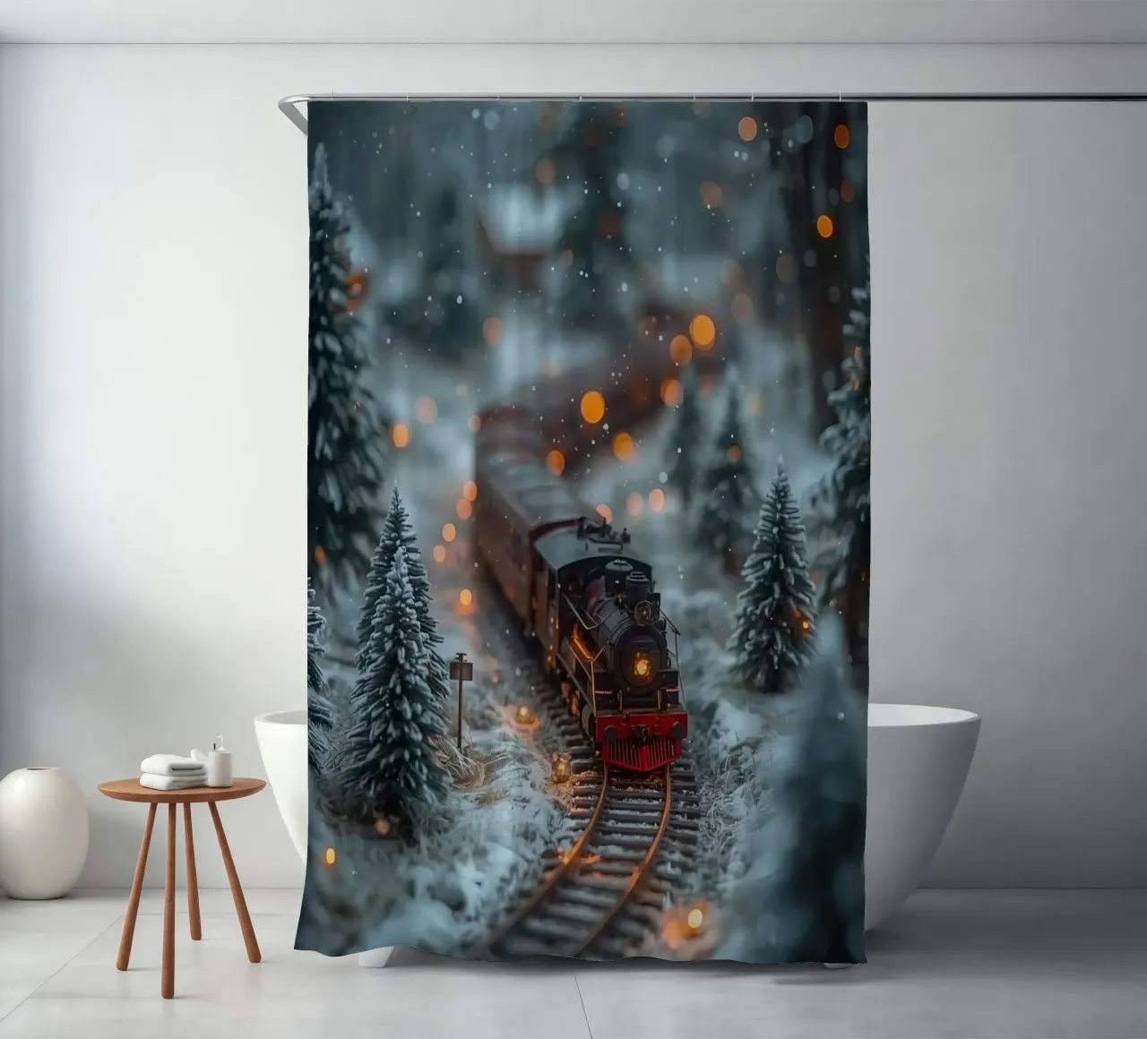 Modello di treno a vapore nella foresta invernale con luci bokeh tenda da doccia da DesignDoodle