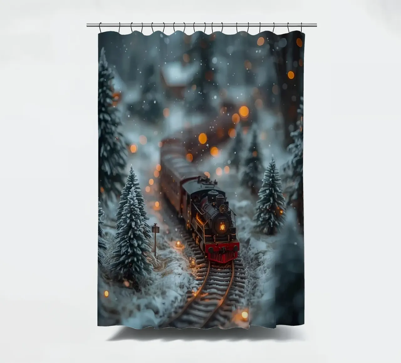 Modello di treno a vapore nella foresta invernale con luci bokeh tenda da doccia da DesignDoodle