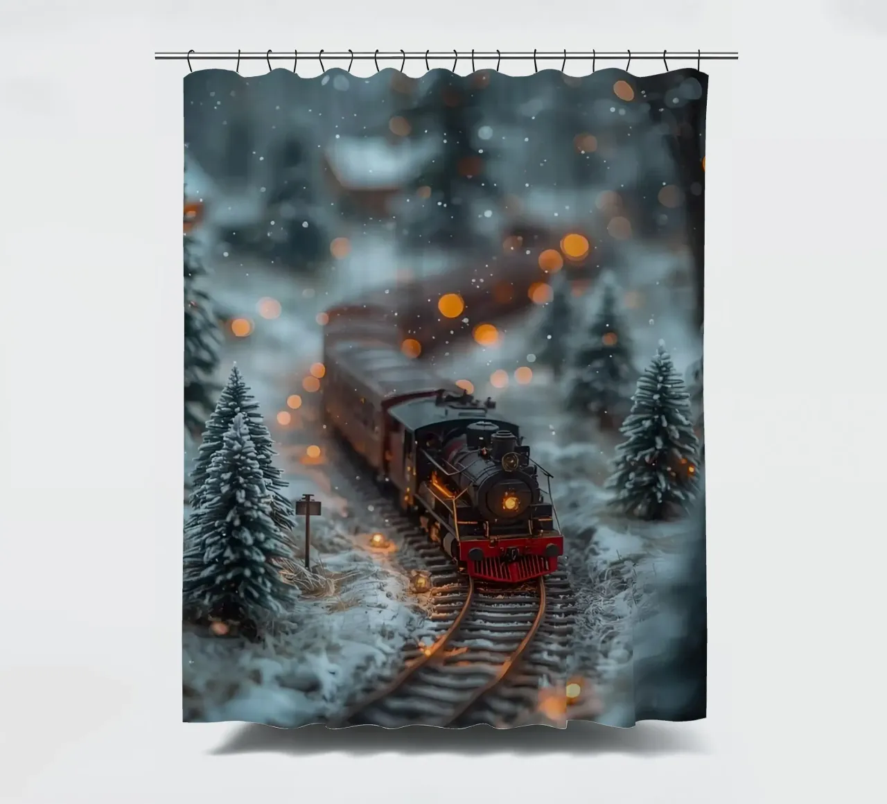 Modello di treno a vapore nella foresta invernale con luci bokeh tenda da doccia da DesignDoodle