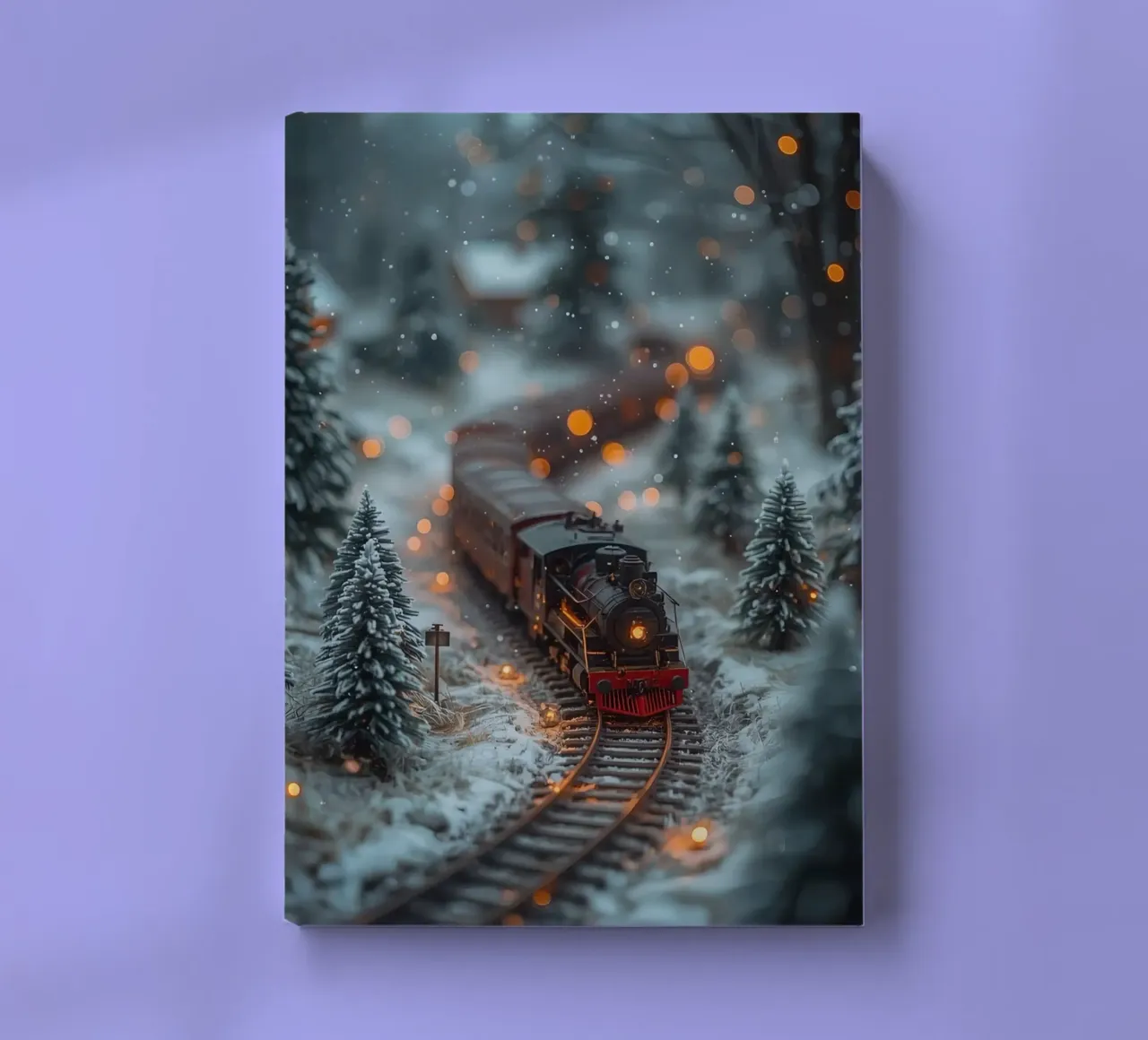 Model steam train in winter forest with bokeh lights notebook by DesignDoodle