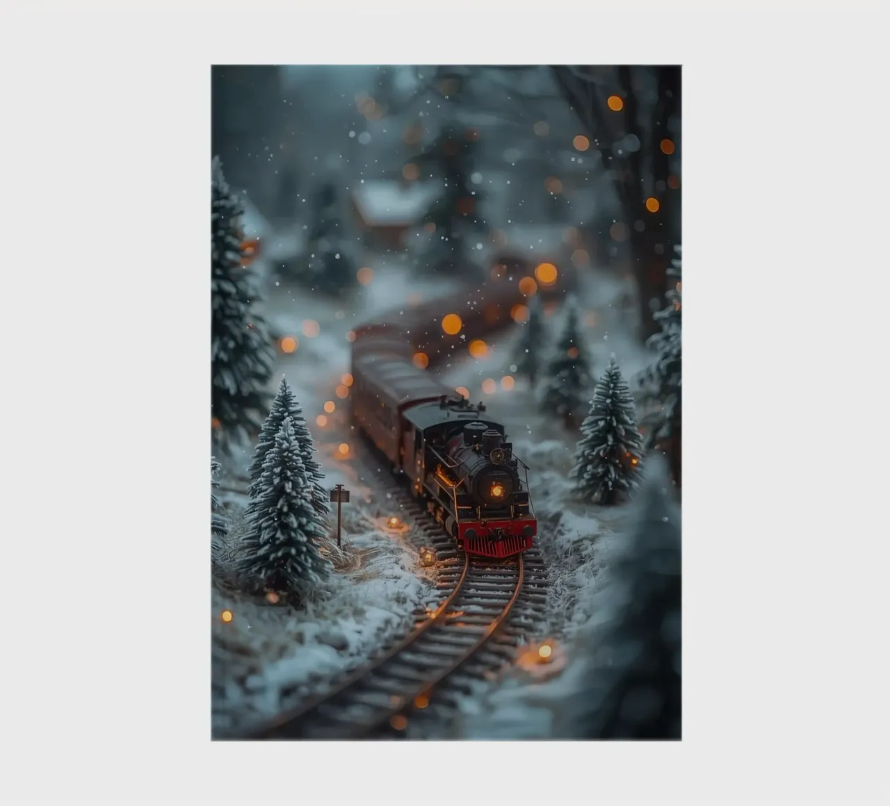 Model steam train in winter forest with bokeh lights notebook by DesignDoodle