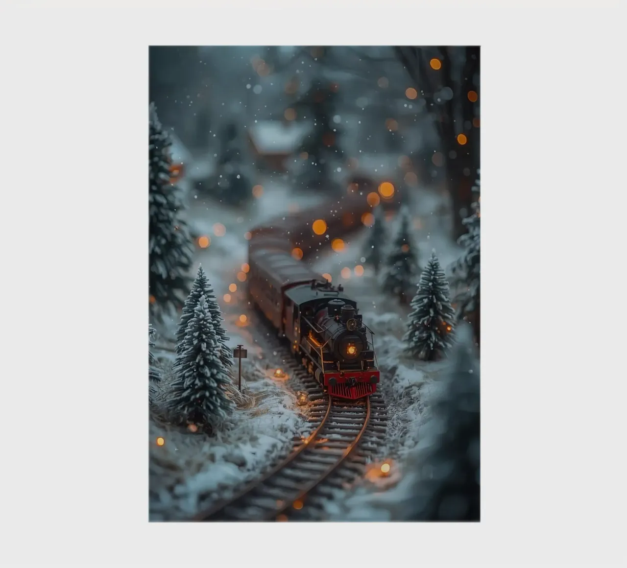 Model steam train in winter forest with bokeh lights notebook by DesignDoodle