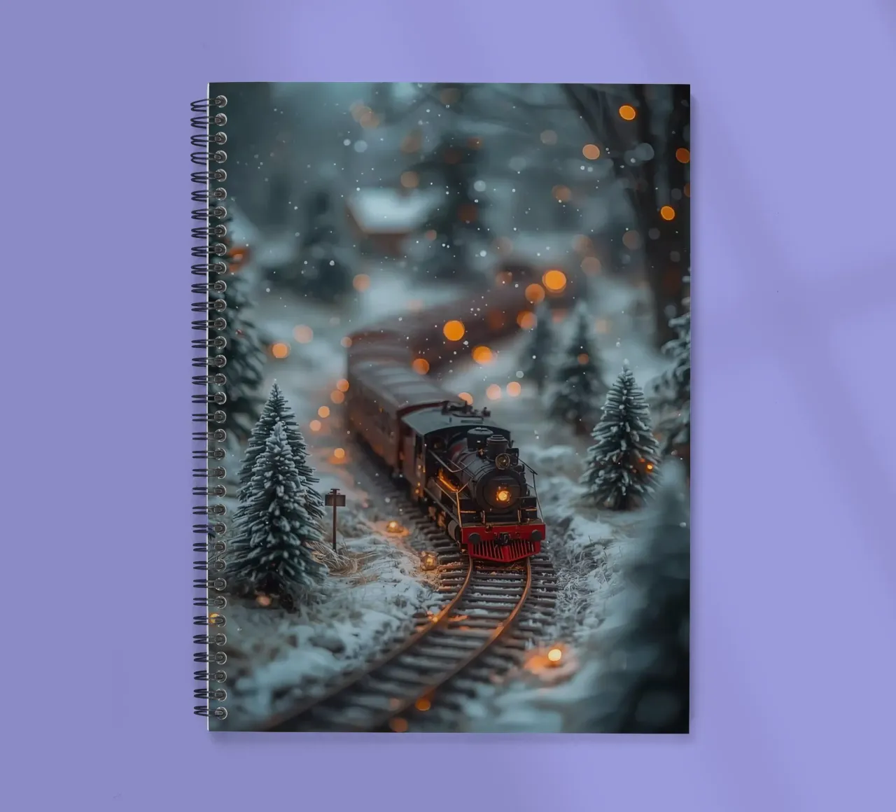 Train à vapeur miniature dans une forêt d'hiver avec des lumières bokeh carnet à spirale de DesignDoodle