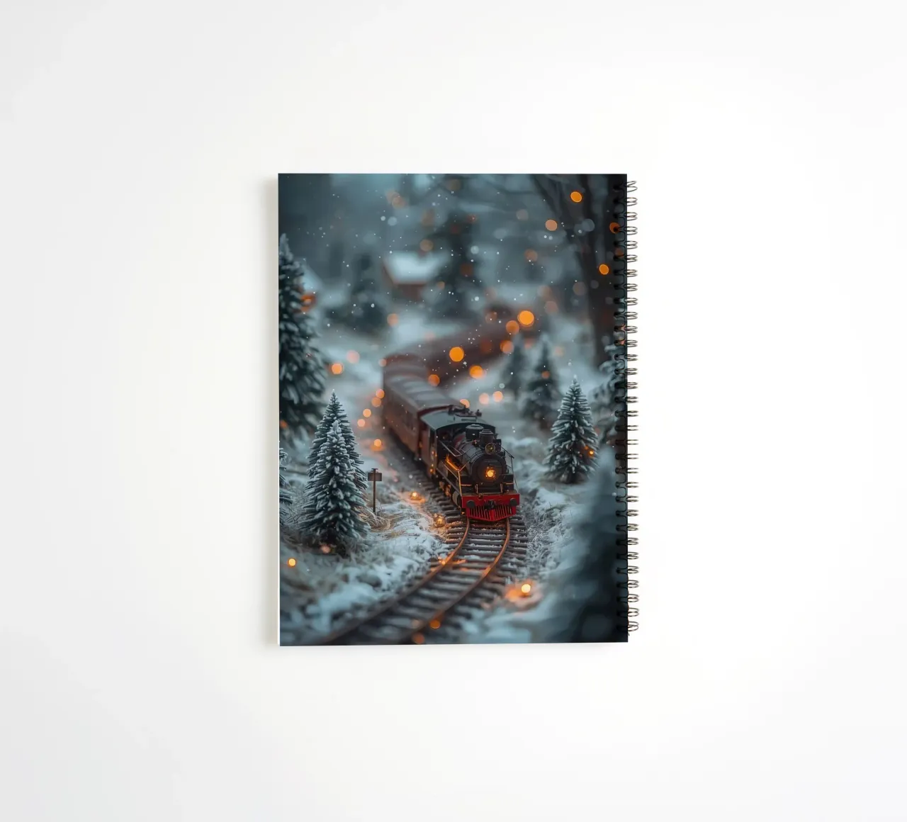 Train à vapeur miniature dans une forêt d'hiver avec des lumières bokeh carnet à spirale de DesignDoodle