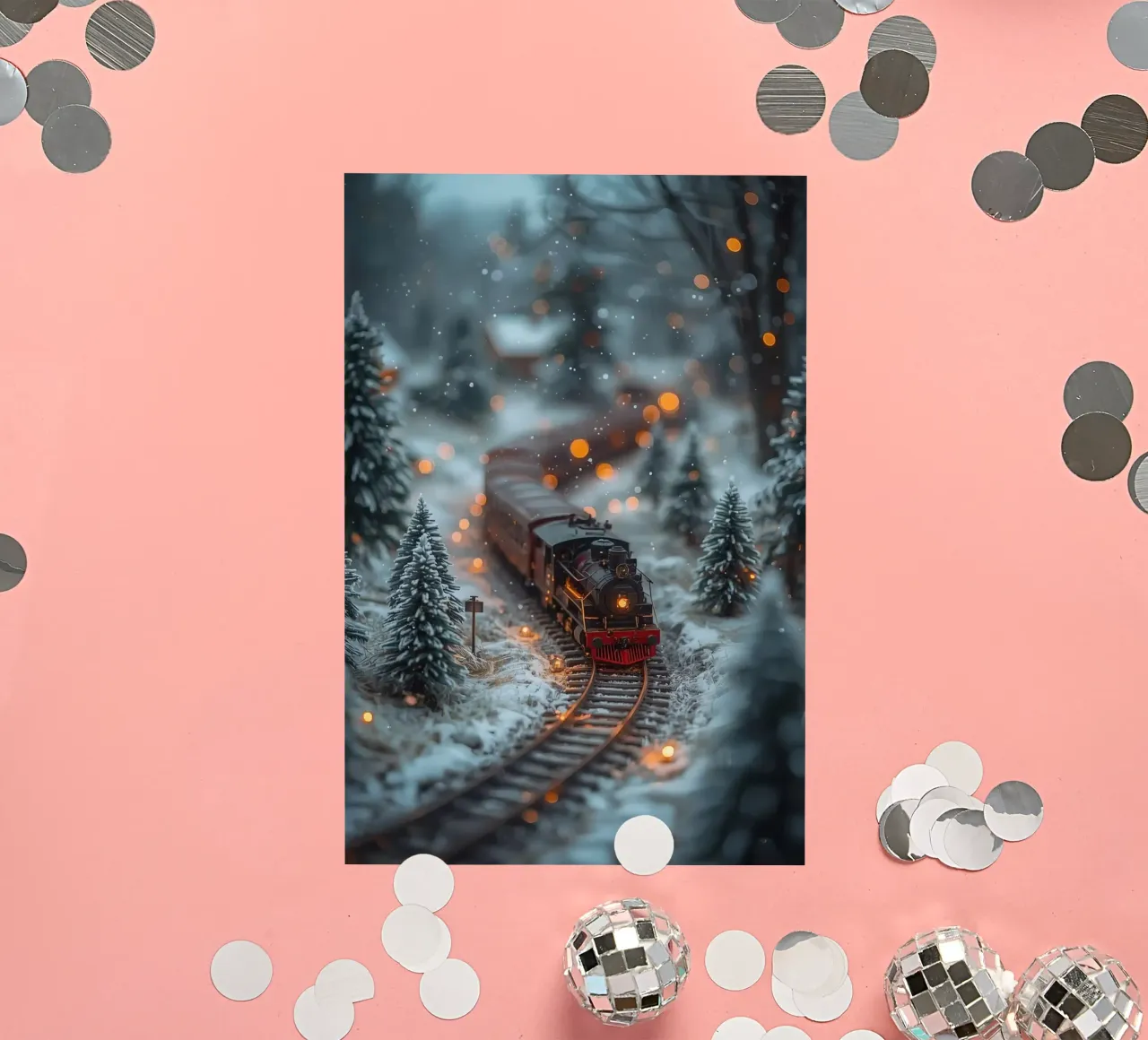 Modello di treno a vapore nella foresta invernale con luci bokeh adesivo da DesignDoodle