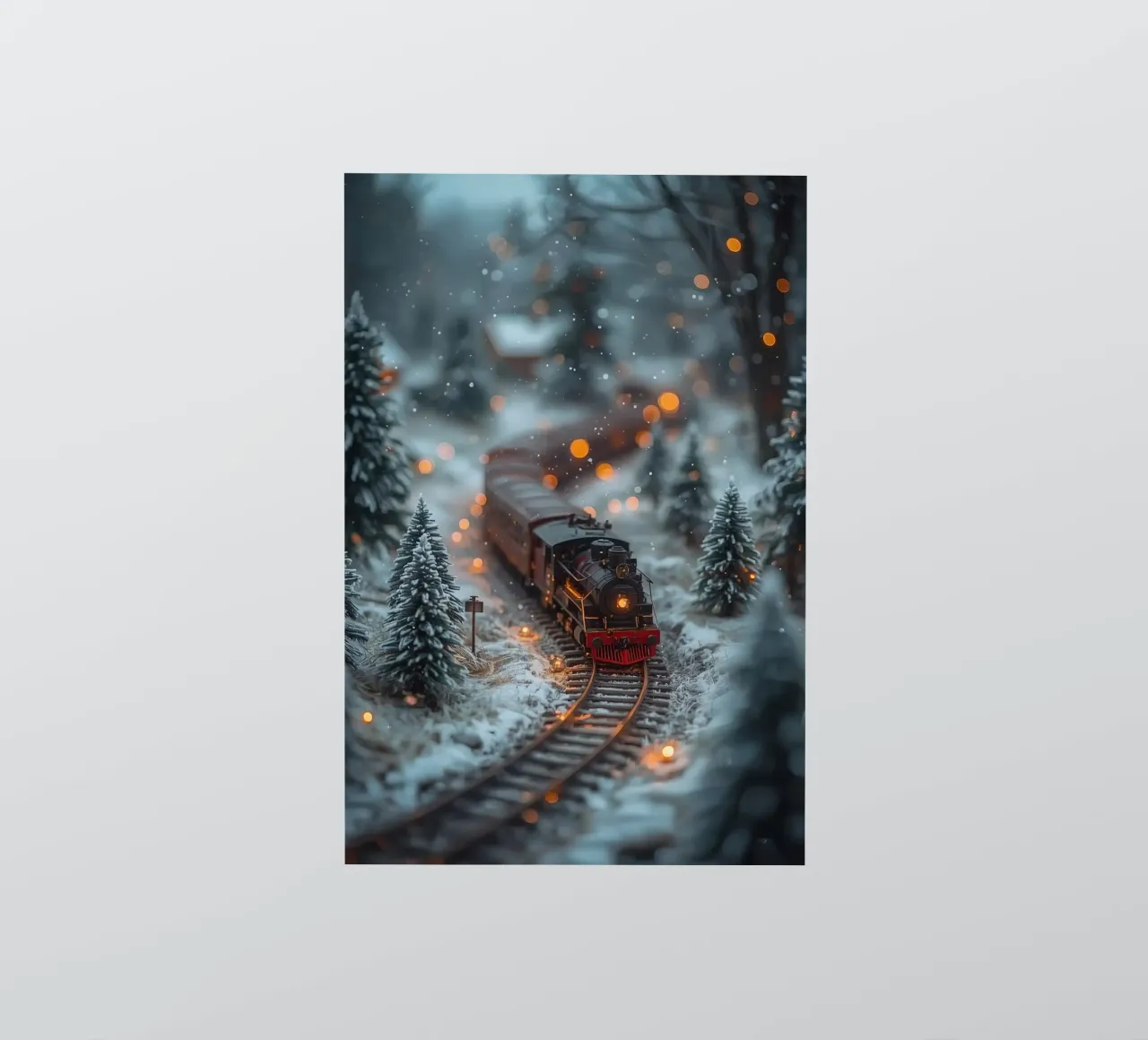 Modello di treno a vapore nella foresta invernale con luci bokeh adesivo da DesignDoodle